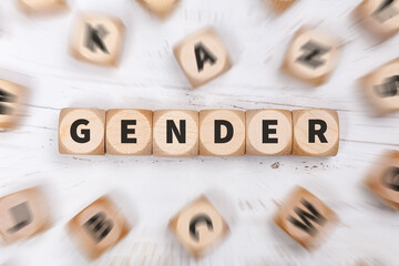Gender als Symbol für gendergerechte Sprache auf Würfeln Kommunikation Konzept - obrazy, fototapety, plakaty