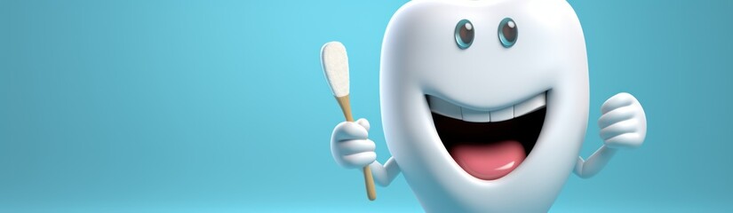 Tooth character with toothbrush and toothpaste on blue background. 3d illustration. Dental Concept with Copy Space.