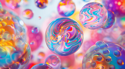 A bunch of colorful spheres floating in the air. The spheres are of different sizes and colors, creating a vibrant and dynamic scene. Concept of playfulness and creativity - obrazy, fototapety, plakaty