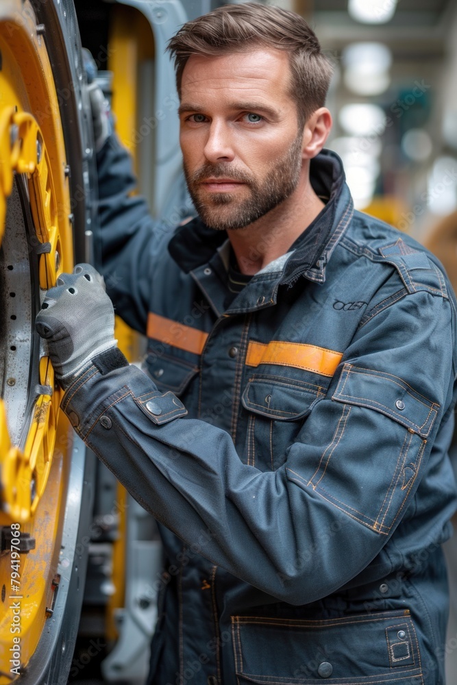 Aufkleber a man working on a machine in a busy industrial factory setting