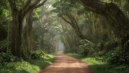 A jungle road lined with ancient trees and lush fo upscaled 4
