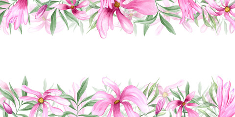 Spring delicate pink flowers. Horizontal long frame of magnolia flowers. Abstract plants, green leaves. Copy space for text. Watercolor illustration for postcards, invitation, greetings