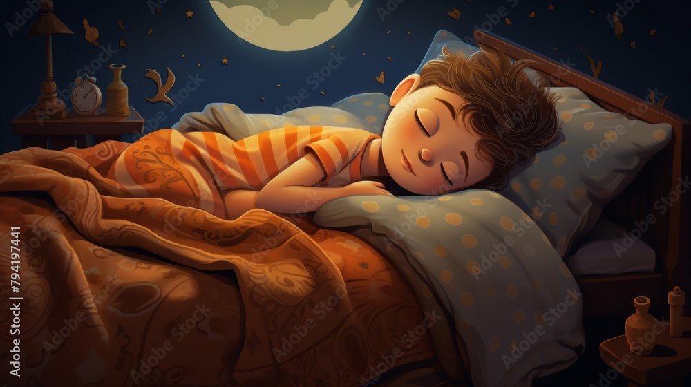 Sticker cartoon little boy character sleeping