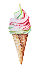 włoskie, kręcone lody w wafelku, śmietankowe i truskawkowe, farba akwarelowa. Półton. Izolowane © YOUR SHOT