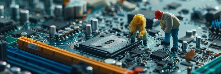 Selective focus of miniature engineer and worker fixed and repair CPU processor, mainboard computer and use for business background. worker's day, labor day