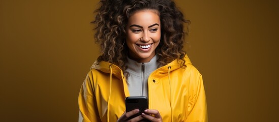 Young woman sitting hands using mobile phone isolated on yellow background studio portrait