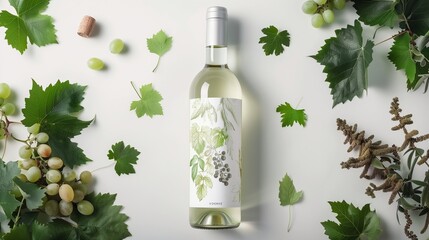 bottle of wine with leaves and grapes