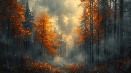 A forest with trees in autumn colors. The sky is cloudy and the air is misty