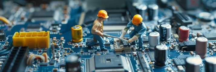 Selective focus of miniature engineer and worker fixed and repair CPU processor, mainboard computer and use for business background. worker's day, labor day - obrazy, fototapety, plakaty