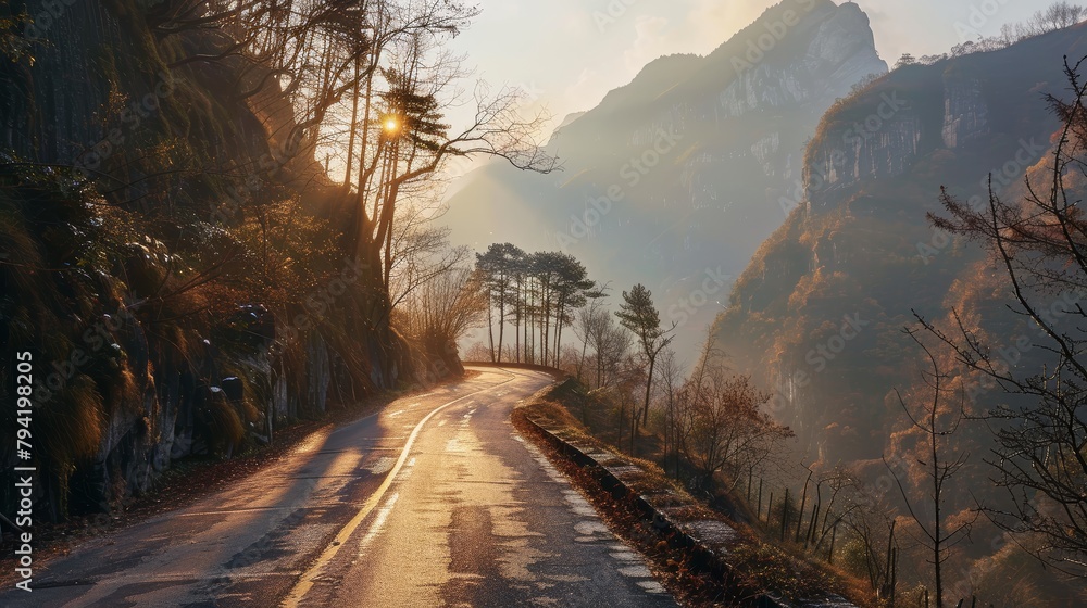 Poster a road with trees in the background and a sun shining on it