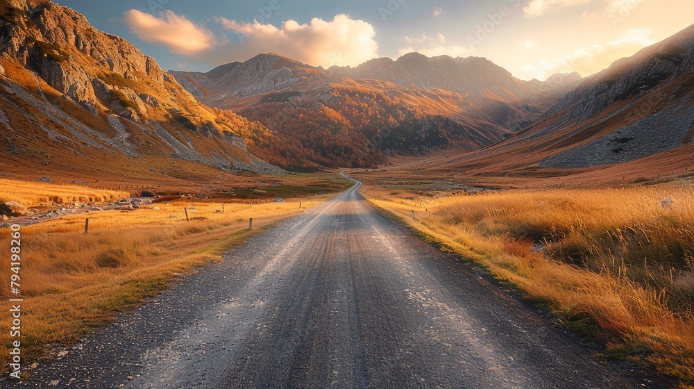 Aufkleber A road in the middle of a desert with mountains in the background. The road is empty and the sky is cloudy