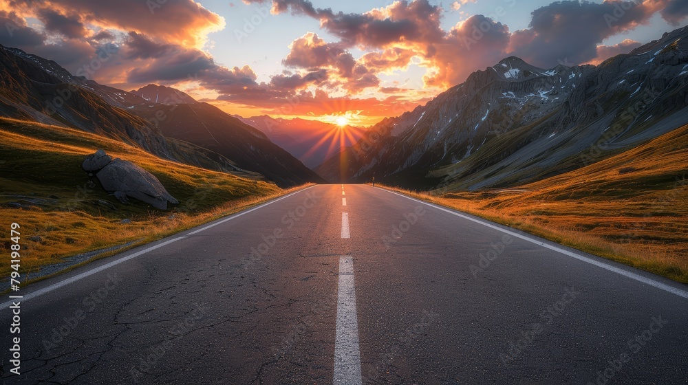 Poster a road with a sunset in the background. the road is empty and the sun is setting. the sky is orange 