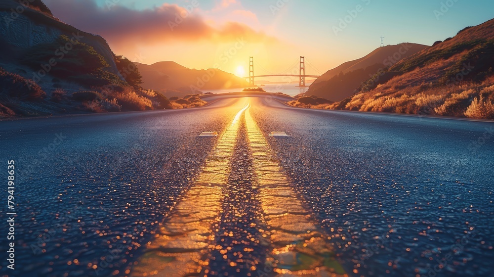 Poster A road with a bridge in the background and a sun setting in the distance