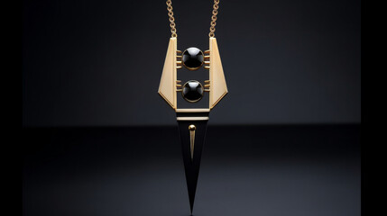 minimalist and futuristic black obsidian necklace adorned with intricate gold geometric elements сreated with Generative Ai