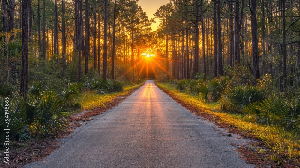 Aufkleber A road with trees on either side and a sun shining through the trees. The sun is setting and the light is creating a warm, peaceful atmosphere