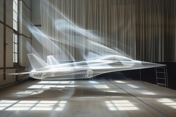 Wind tunnel simulation with a polygonal airplane model, visualizing airflow patterns - obrazy, fototapety, plakaty