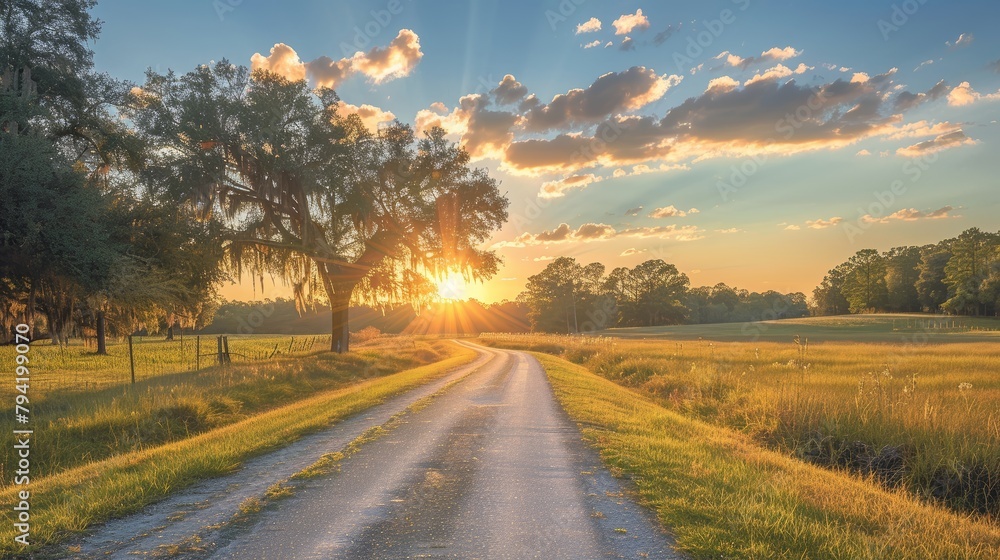 Poster A road with a tree in the middle of it and the sun shining on it. The sun is setting and the sky is blue