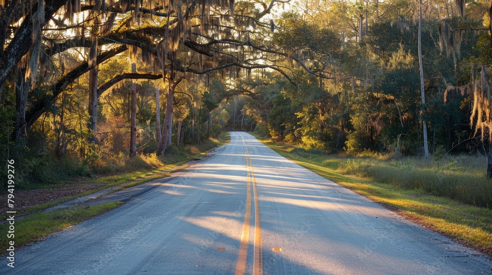Poster A road with a tree in the middle of it. The road is empty and the sun is shining