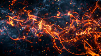 Fototapeta na wymiar Fiery tendrils dance and intertwine, casting vibrant sparks against a smoky black backdrop.