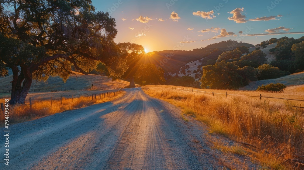 Aufkleber a road with a tree in the foreground and a sunset in the background. the sun is setting and the sky 