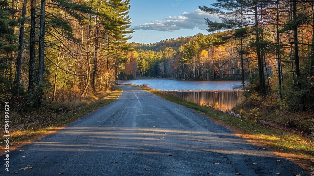 Poster A road with a lake in the background. The road is empty and the trees are in full color