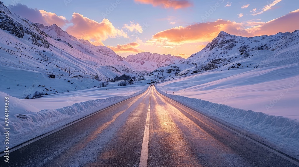 Aufkleber a road with snow on it and a beautiful sunset in the background. the road is empty and the sky is or
