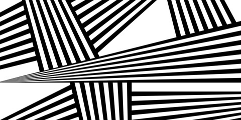 Black on white abstract geometric line pattern, perspective line stripes with 3d dimensional effect isolated on white.