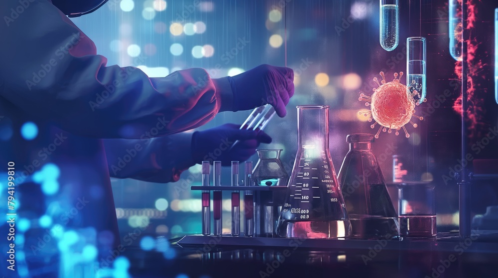 Aufkleber close up futuristic bioengineer lab technician making tests using flasks and test tubes as well as a
