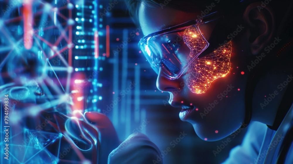 Aufkleber close up futuristic bioengineer lab technician making tests using flasks and test tubes as well as a