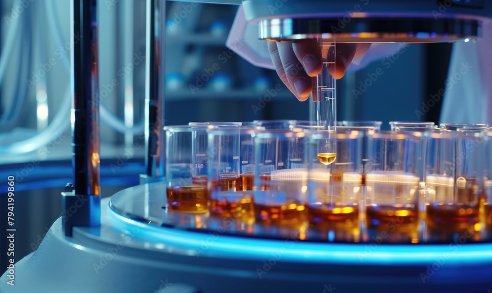 Aufkleber close up futuristic bioengineer lab technician making tests using flasks and test tubes as well as a