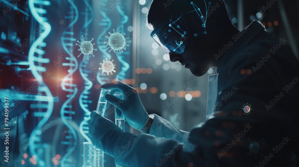 Aufkleber close up futuristic bioengineer lab technician making tests using flasks and test tubes as well as a
