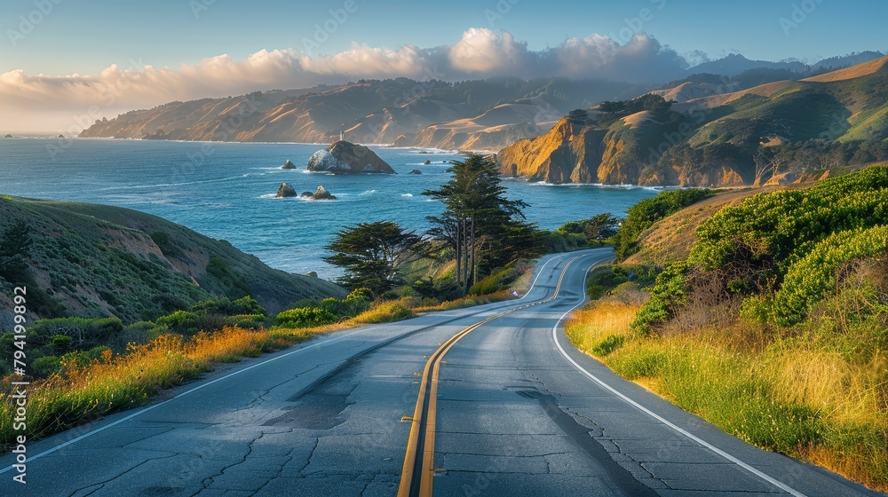 Aufkleber a road with a yellow line down the middle and a beautiful ocean in the background. the road is empty