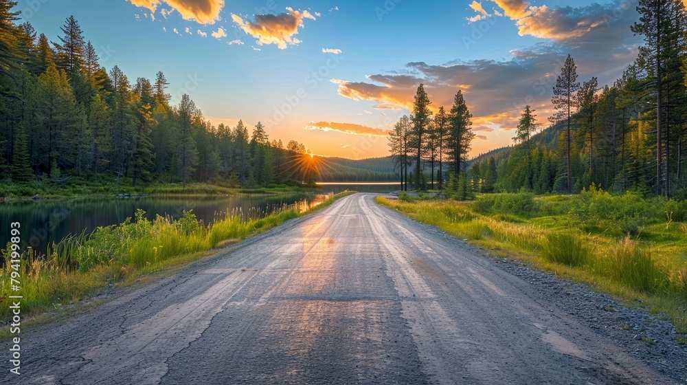 Poster A road with a lake in the background and trees on either side. The sun is setting, casting a warm glow over the scene