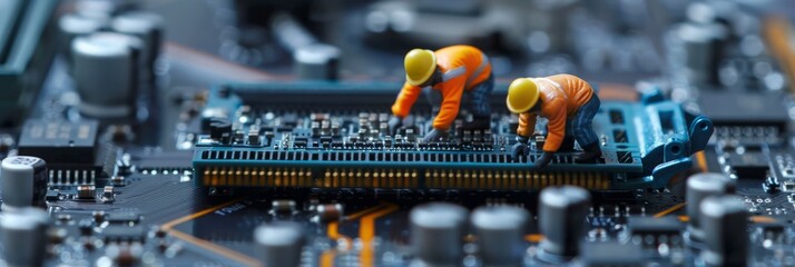 Selective focus of miniature engineer and worker fixed and repair CPU processor, mainboard computer and use for business background. worker's day, labor day - obrazy, fototapety, plakaty