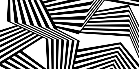 Black on white abstract geometric line pattern, perspective line stripes with 3d dimensional effect isolated on white.