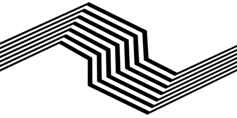 Black on white abstract geometric line pattern, perspective line stripes with 3d dimensional effect isolated on white.
