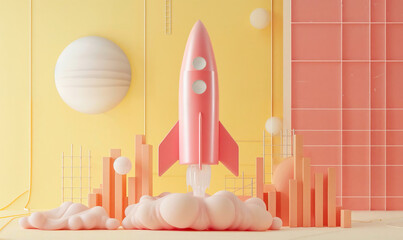 Rocket blasting off a chart pattern, muted minimalistic colors, yellow and pink. 