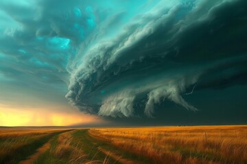 Supercell thunderstorm looming over a prairie, a rare meteorological phenomenon