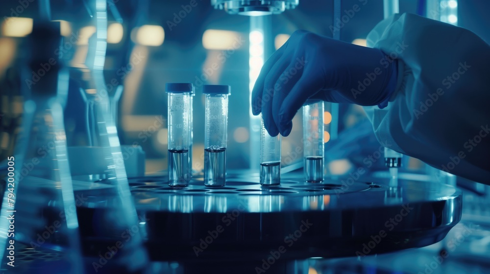 Aufkleber close up futuristic bioengineer lab technician making tests using flasks and test tubes as well as a