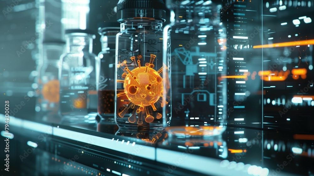 Aufkleber close up futuristic bioengineer lab technician making tests using flasks and test tubes as well as a