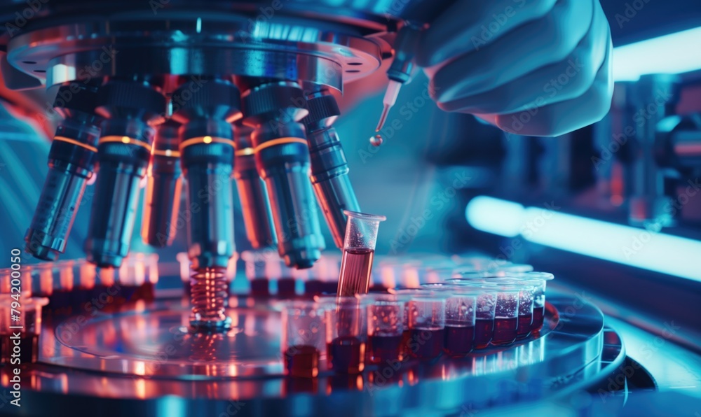 Aufkleber close up futuristic bioengineer lab technician making tests using flasks and test tubes as well as a