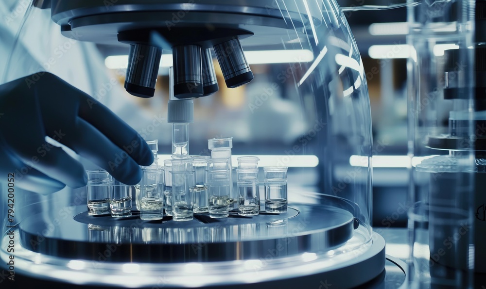 Aufkleber close up futuristic bioengineer lab technician making tests using flasks and test tubes as well as a