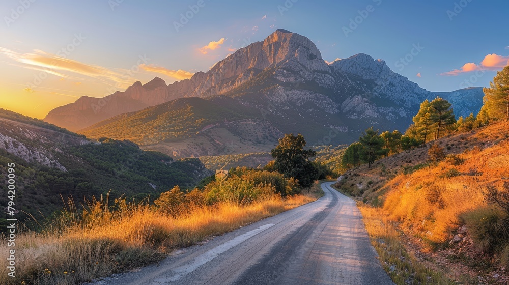 Poster a road with a mountain in the background. the road is empty and the sky is blue. the sun is setting 