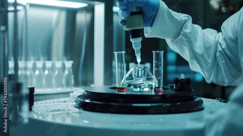 Aufkleber close up futuristic bioengineer lab technician making tests using flasks and test tubes as well as a