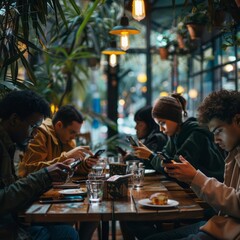 Group of friends at a cafe, all looking at their phones, social isolation - obrazy, fototapety, plakaty