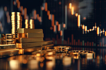 Gold bars and coins on black background of stock graph charts. Concept for company dealing in gold investment. Closeup. Financial business economy, wealth, reserve success. Money, treasure, enrichment