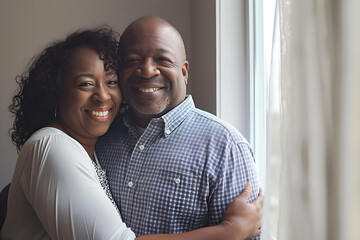 Obraz premium Happy Black Man And His Wife Embracing While Talking By Window, Relationship Marriage, Family Life, Husband & Wife
