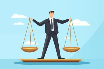 Business graphic vector modern style illustration of a business person holding scales to represent justice in law or company policy fairness accounting finance balanced views and fairness equality