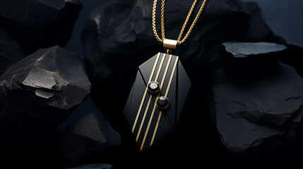 a minimalist yet futuristic portrayal of a black obsidian and gold geometric necklace pendant сreated with Generative Ai