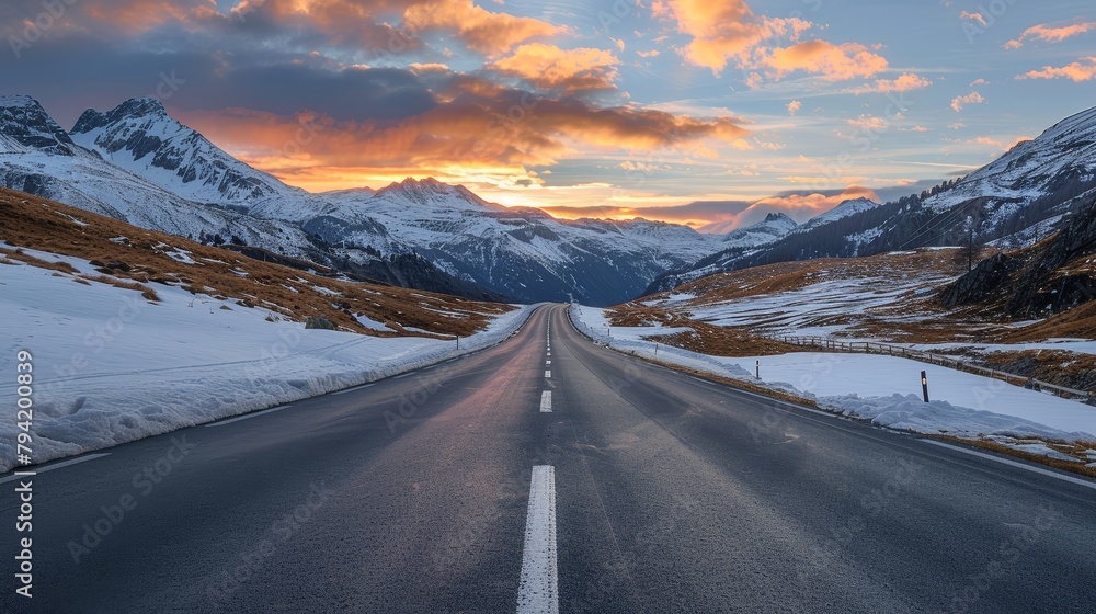 Poster a long road with a beautiful sunset in the background. the road is empty and the sky is filled with 